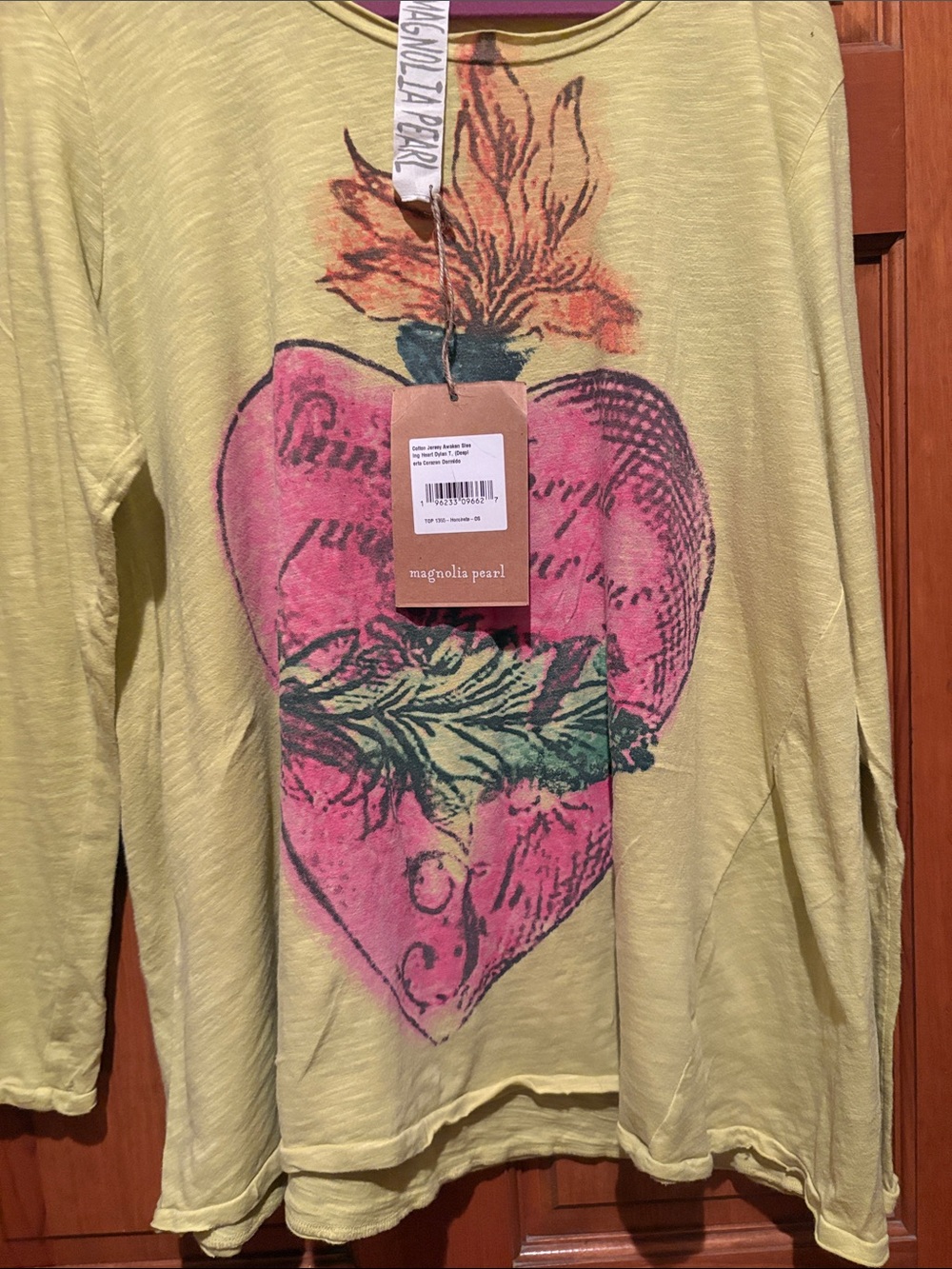 Magnolia Pearl Yellow Heart Graphic Long Sleeve Tee with Pink and Green Accents - Picture 4 of 8